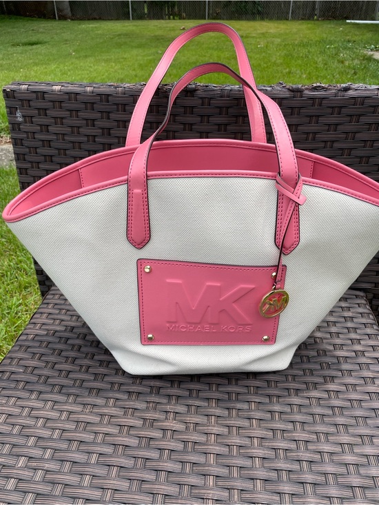 Michael Kors Handbags - Michael Kors  White
Pink Shoulder Kimber Large
Cotton Canvas Tote Bag